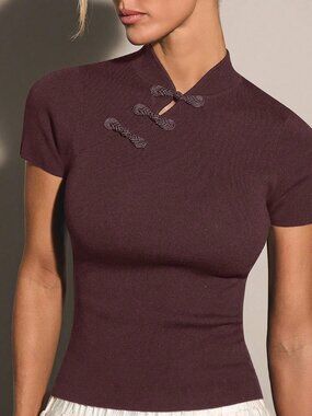 Brown Casual Women's Chinese Button Knitted Top